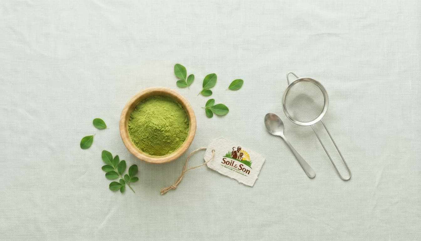 Soil & Son Pure Moringa powder in wooden bowl with fresh moringa leaves